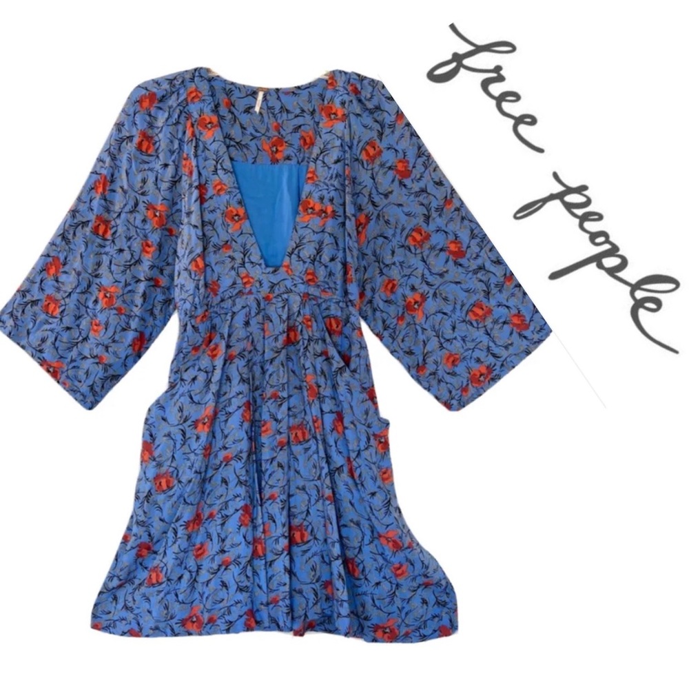 SOLD! Free People Tallulah V-Neck Floral Blue with Flowers Mini Dress Sz: S - Picture 2 of 6